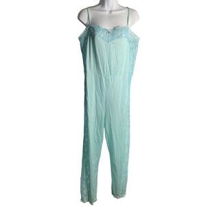Vintage 70s 80s Nylon Lingerie Jumpsuit L Blue Lace Sweetheart